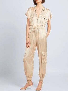 PINKO Gold Champagne Satin Utility Cargo Drawstring Waist Jumpsuit Women's SZ 2